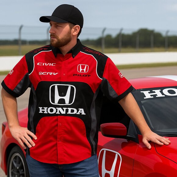Racing Team Shirt Honda Motorsport Red Black Button-Up | Size M-L - Picture 1 of 4